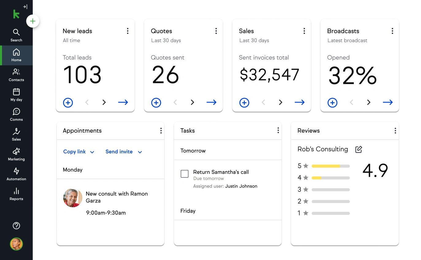 Keap home dashboard
