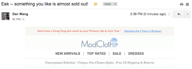 Abandoned cart email example