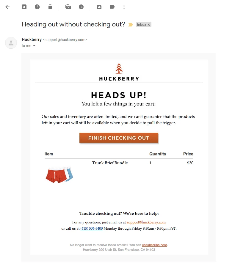 Huckeberry abandoned cart email marketing strategy