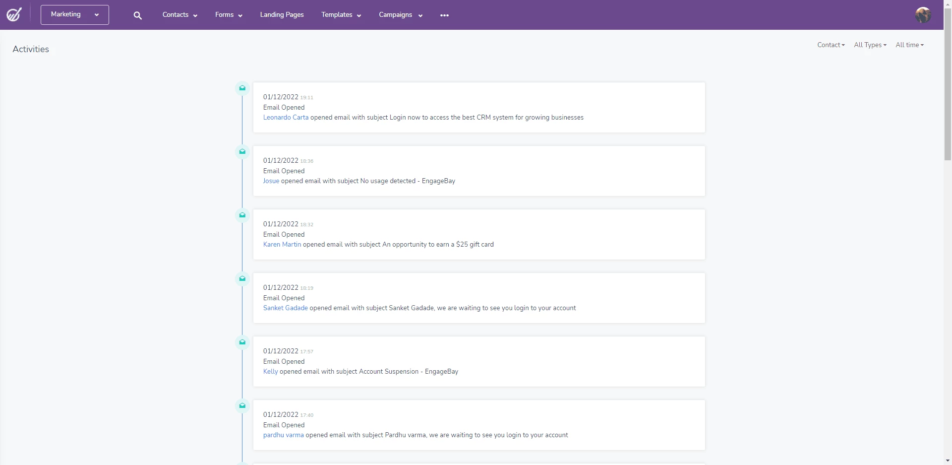 EngageBay activity timeline