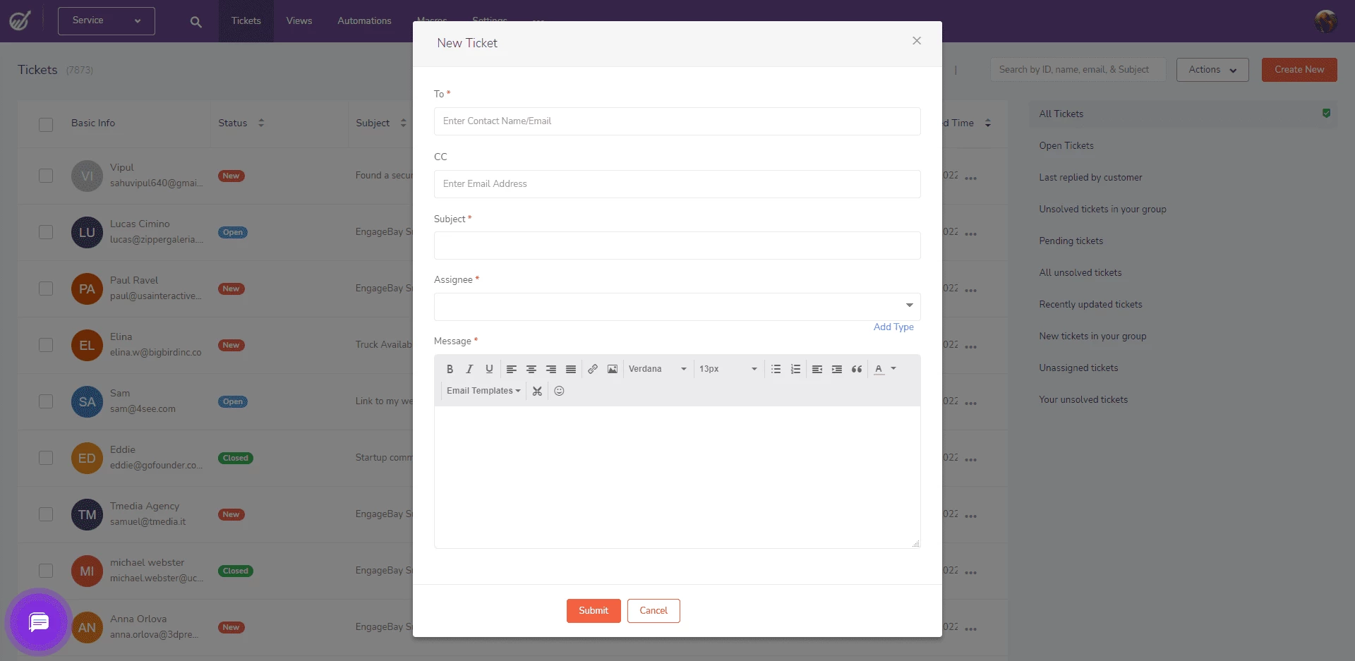EngageBay ticketing system