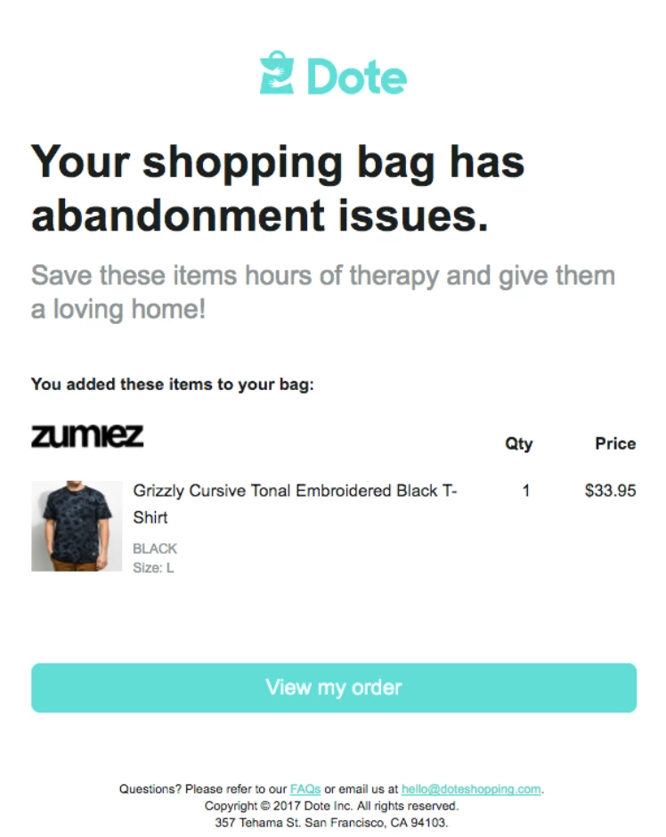 cart abandonment email example for eCommerce