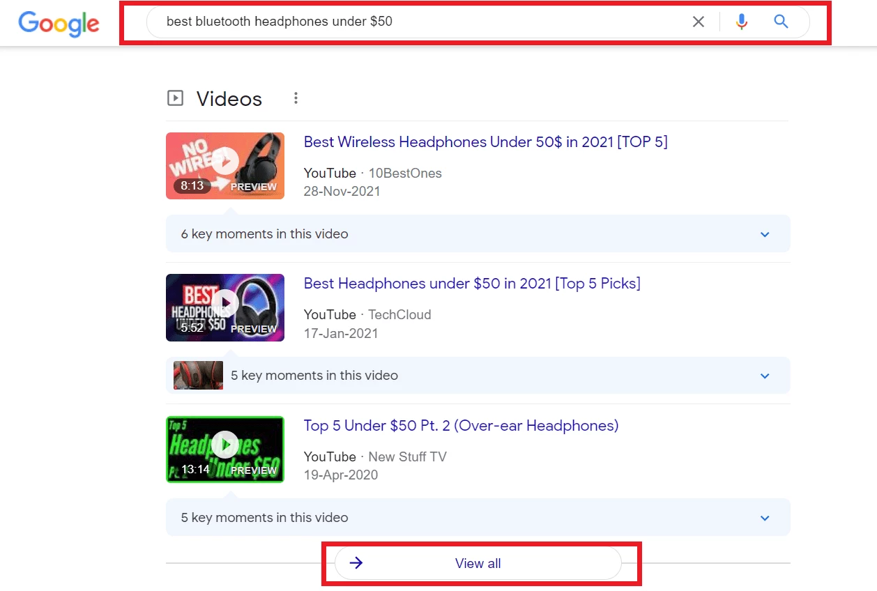 Google results screenshot for video suggestions