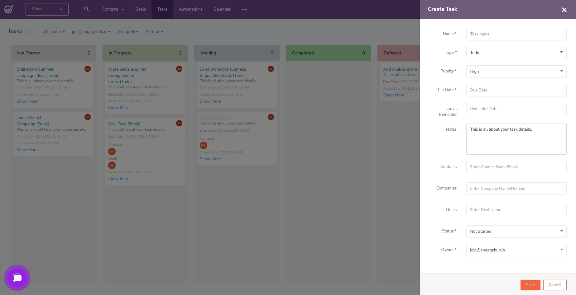 EngageBay sales goals task management