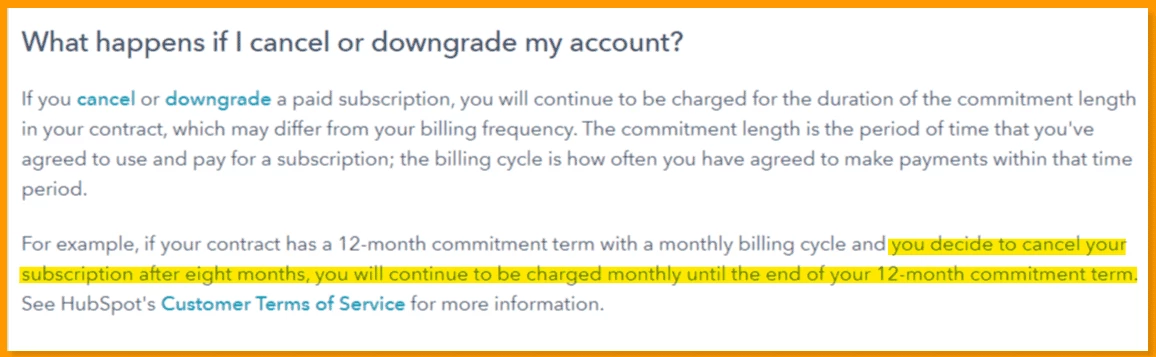 HubSpot's annual commitment rules taken from its website