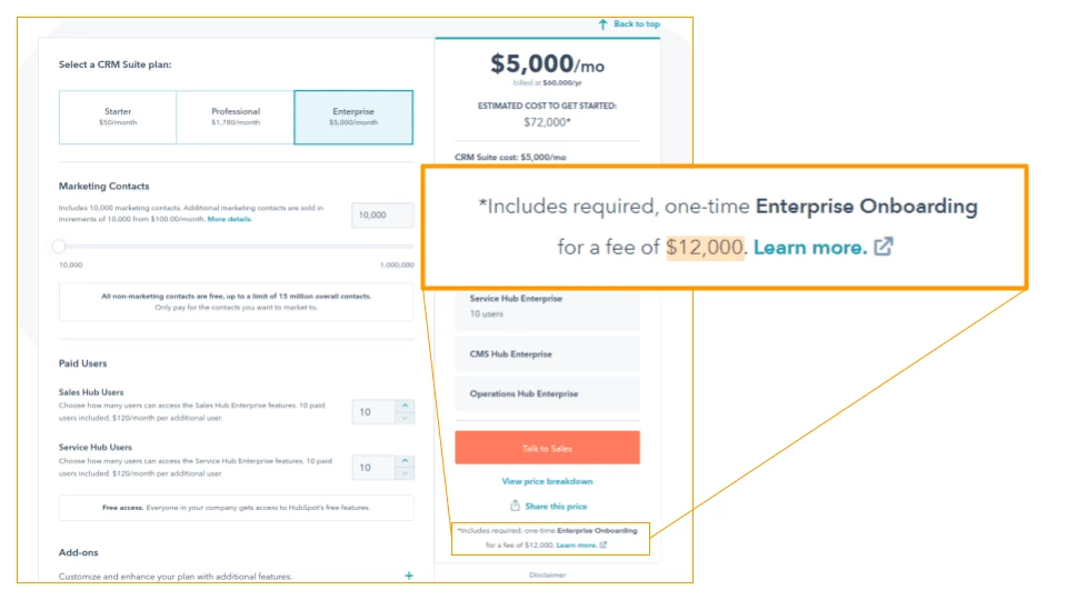 An example of HubSpot's expensive onboarding fee