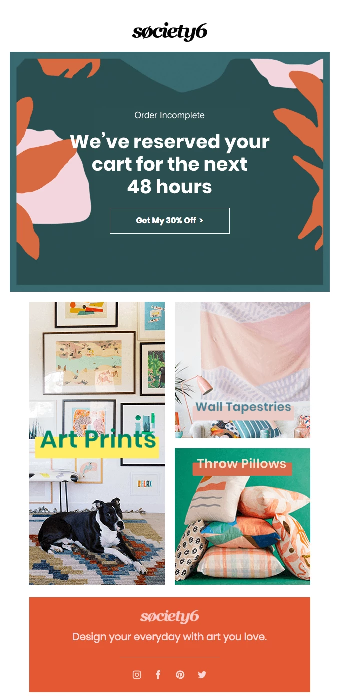 Abandoned cart email example from Society6