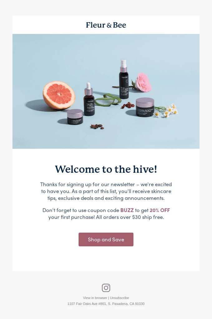 Automated welcome email example from Fleur & Bee
