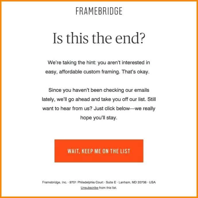 Re-engagement email example from Framebridge