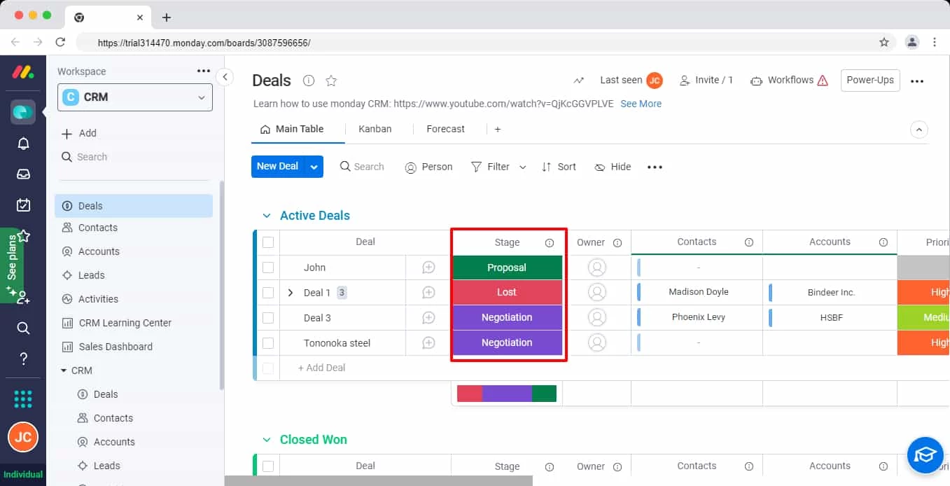Monday's color-coded status columns