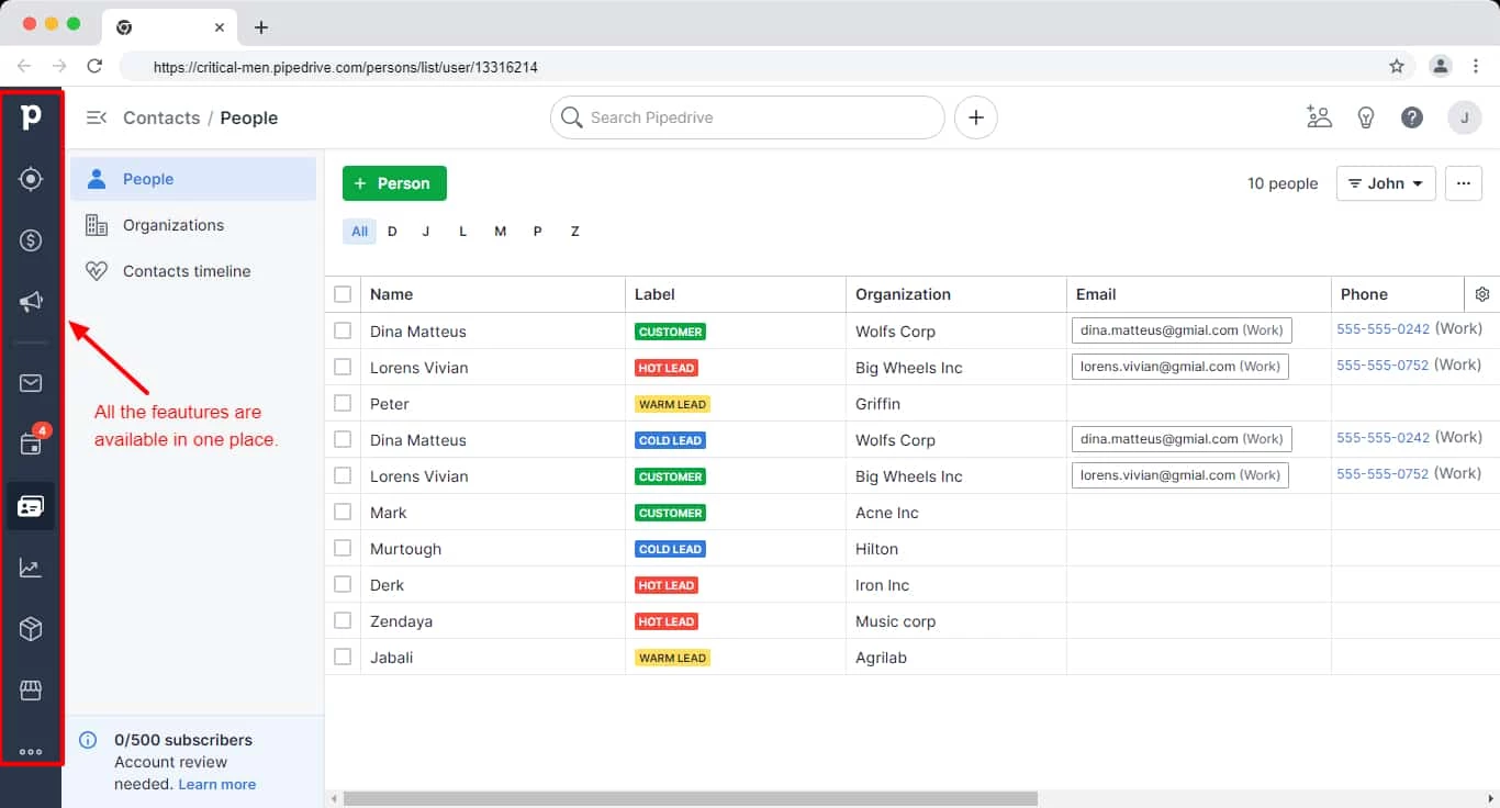 Pipedrive contact dashboard