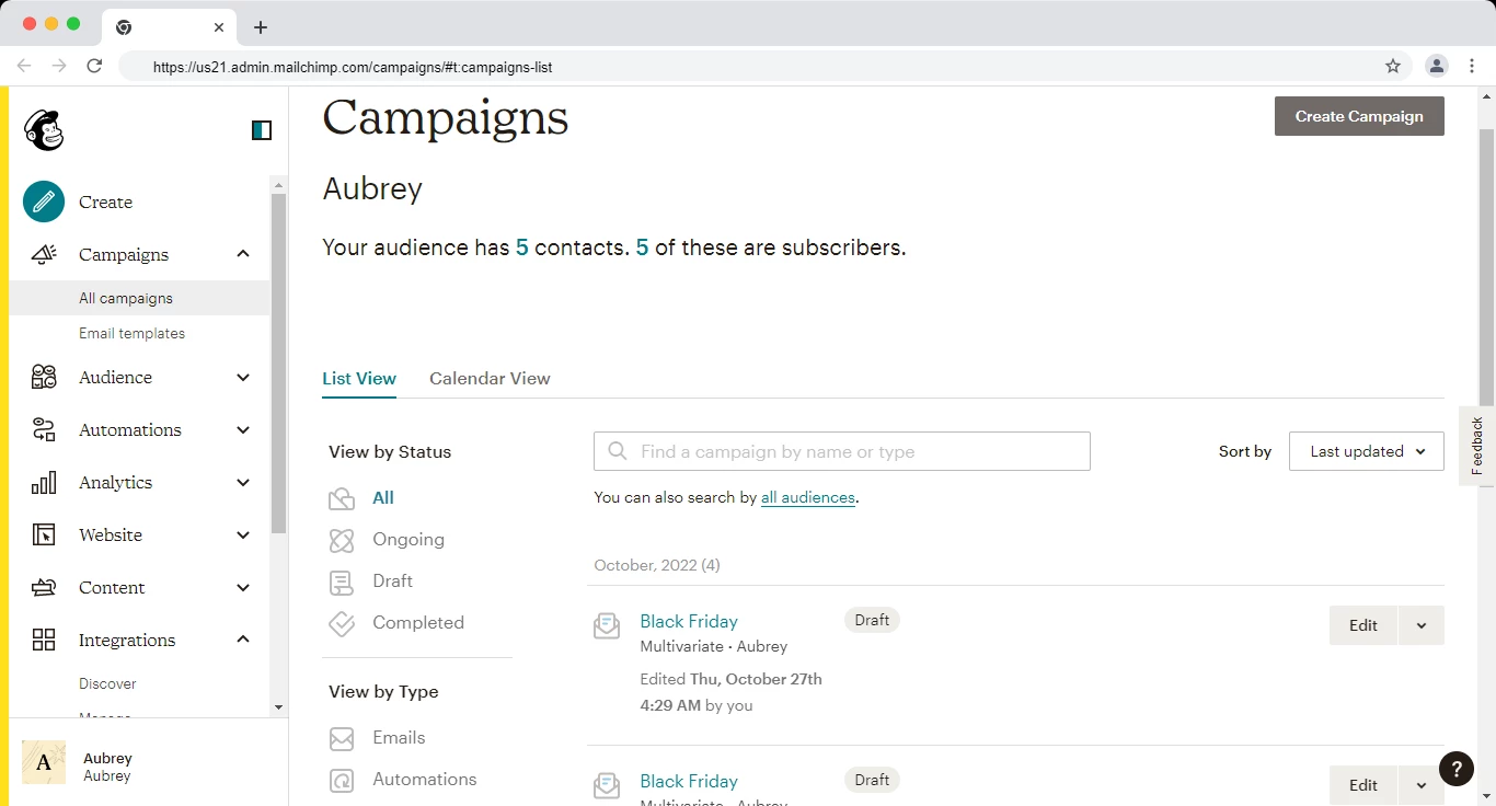 Campaign management in Mailchimp