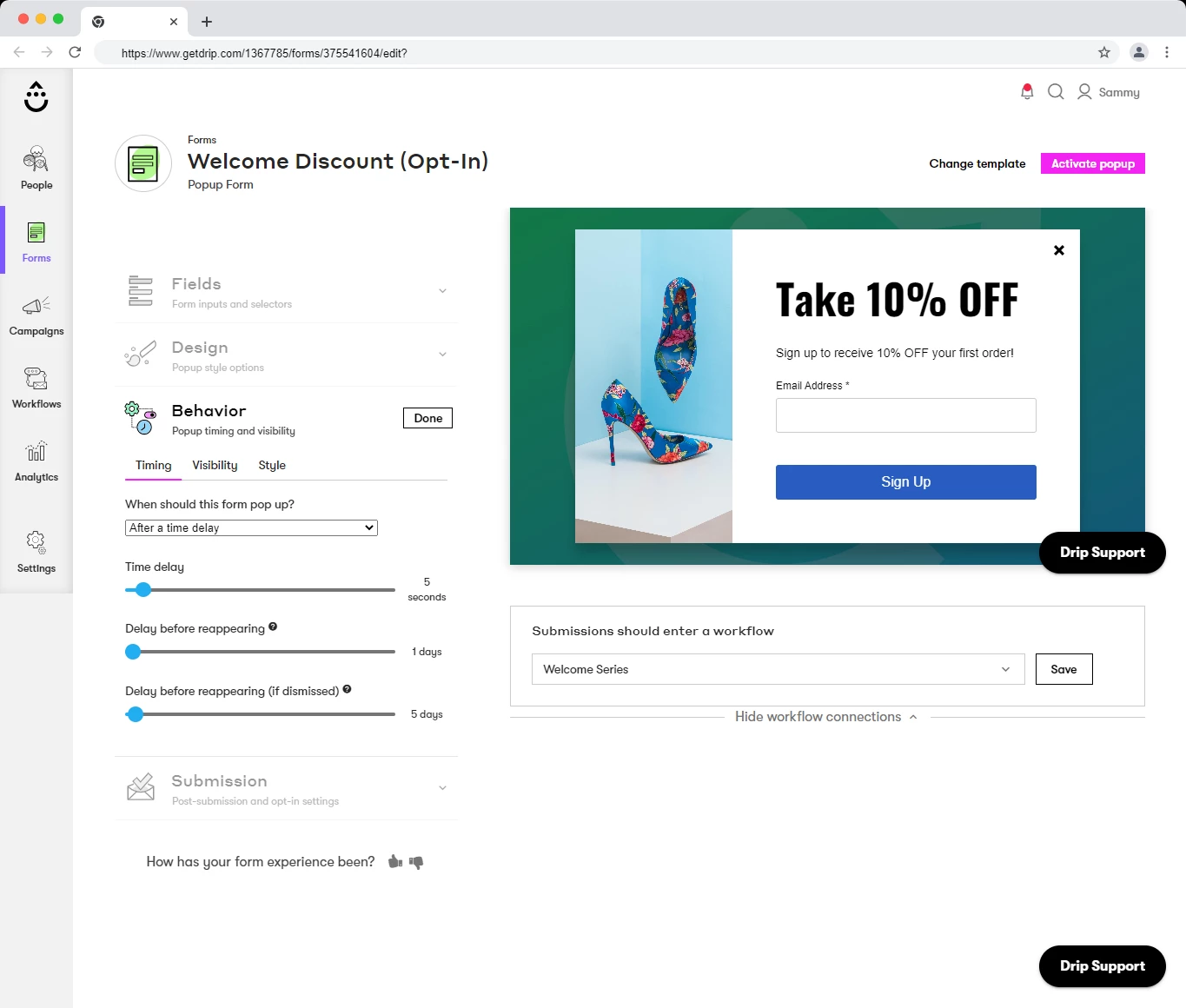Pop-up builder in Drip