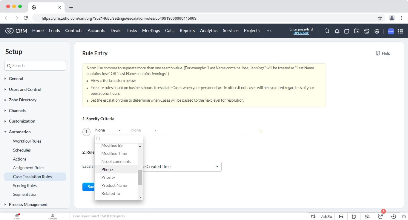 Case escalation in Zoho CRM
