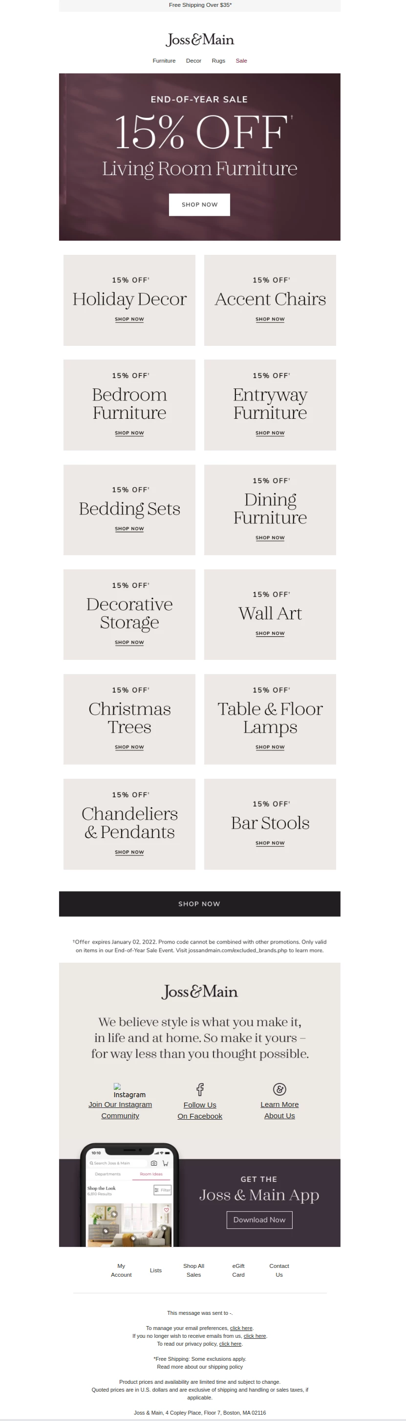 Joss&Main end of the year sale email