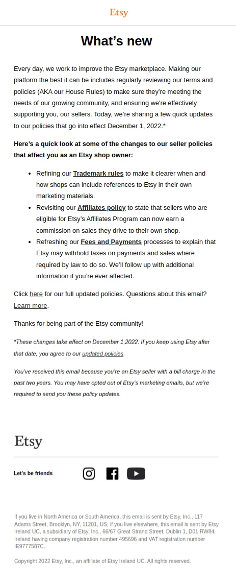 Etsy policy update email blast examples