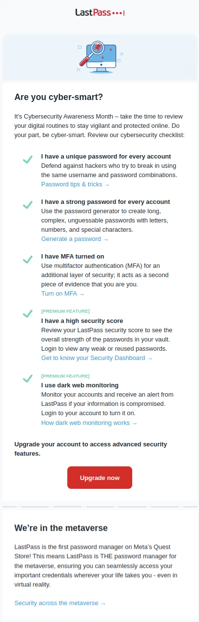 LastPass security checklist email blast examples