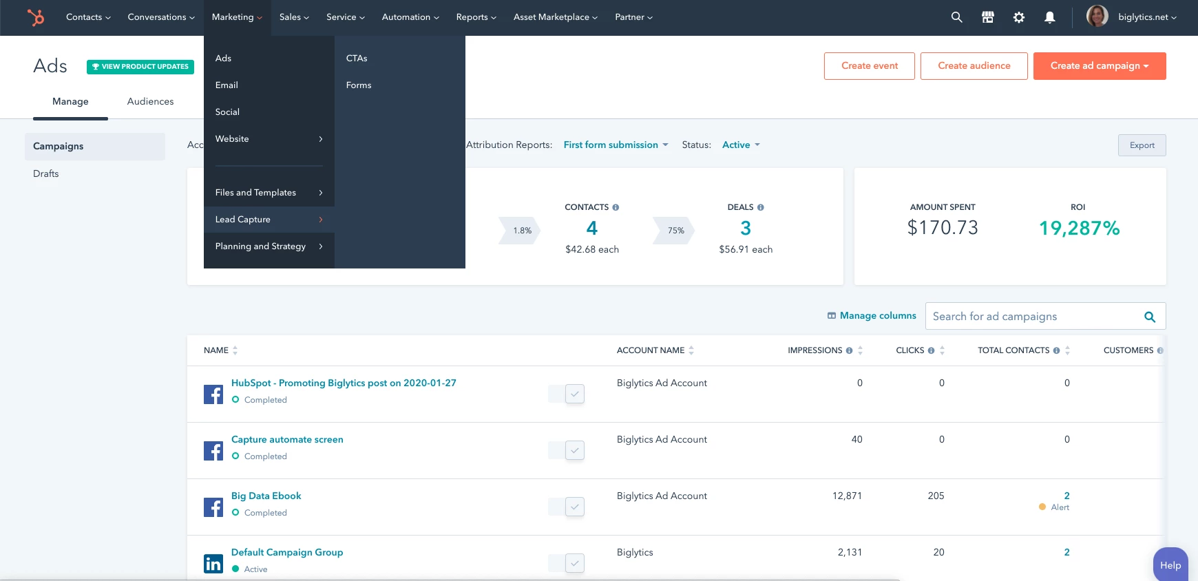 HubSpot Marketing Hub dashboard