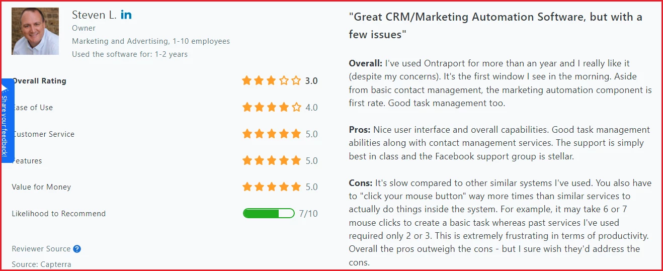 Ontraport review by user on Capterra
