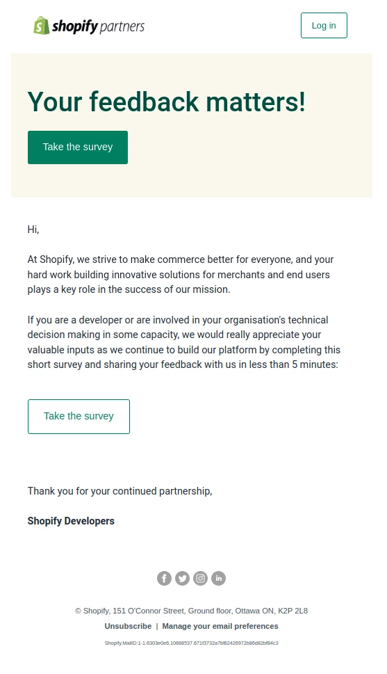 Shopiify partners customer feedback email