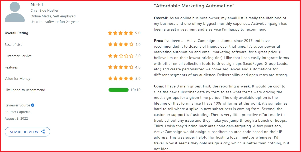 Screenshot of ActiveCampaign user Review
