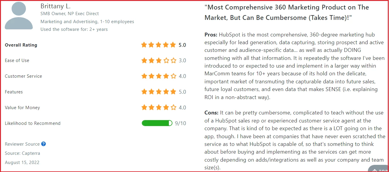 Screenshot of HubSpot Marketing Hub user Review on Capterra
