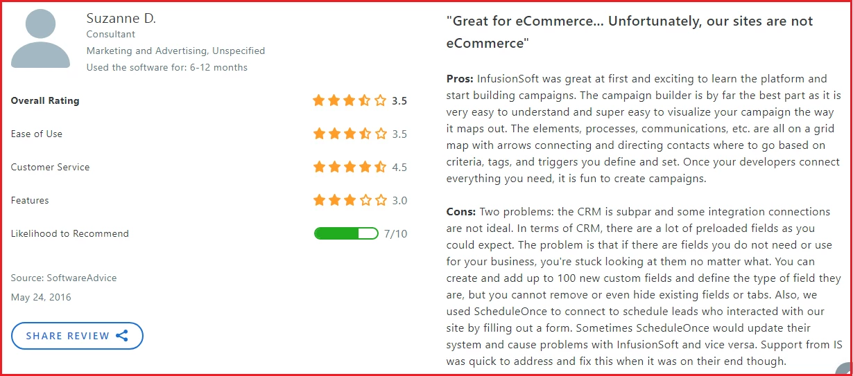 Keap Review screenshot from Capterra user