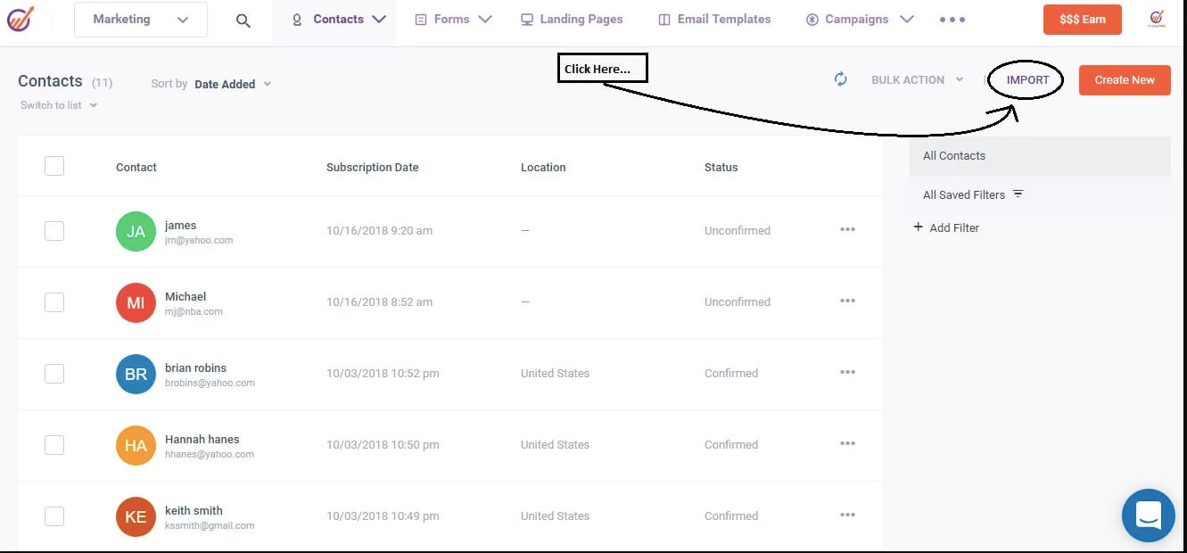 EngageBay CRM Import Contacts Page for Real Estate