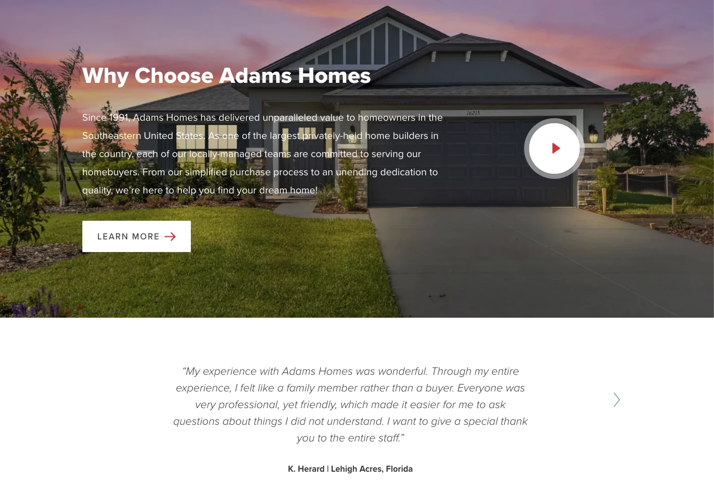 real estate landing page example from Adams Homes