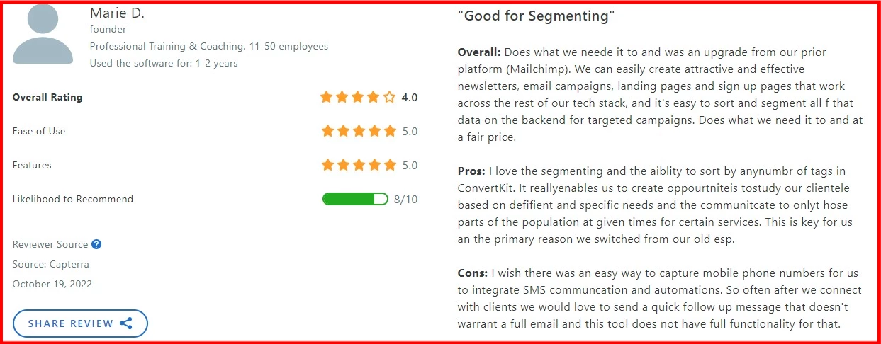 ConvertKit capterra reviews