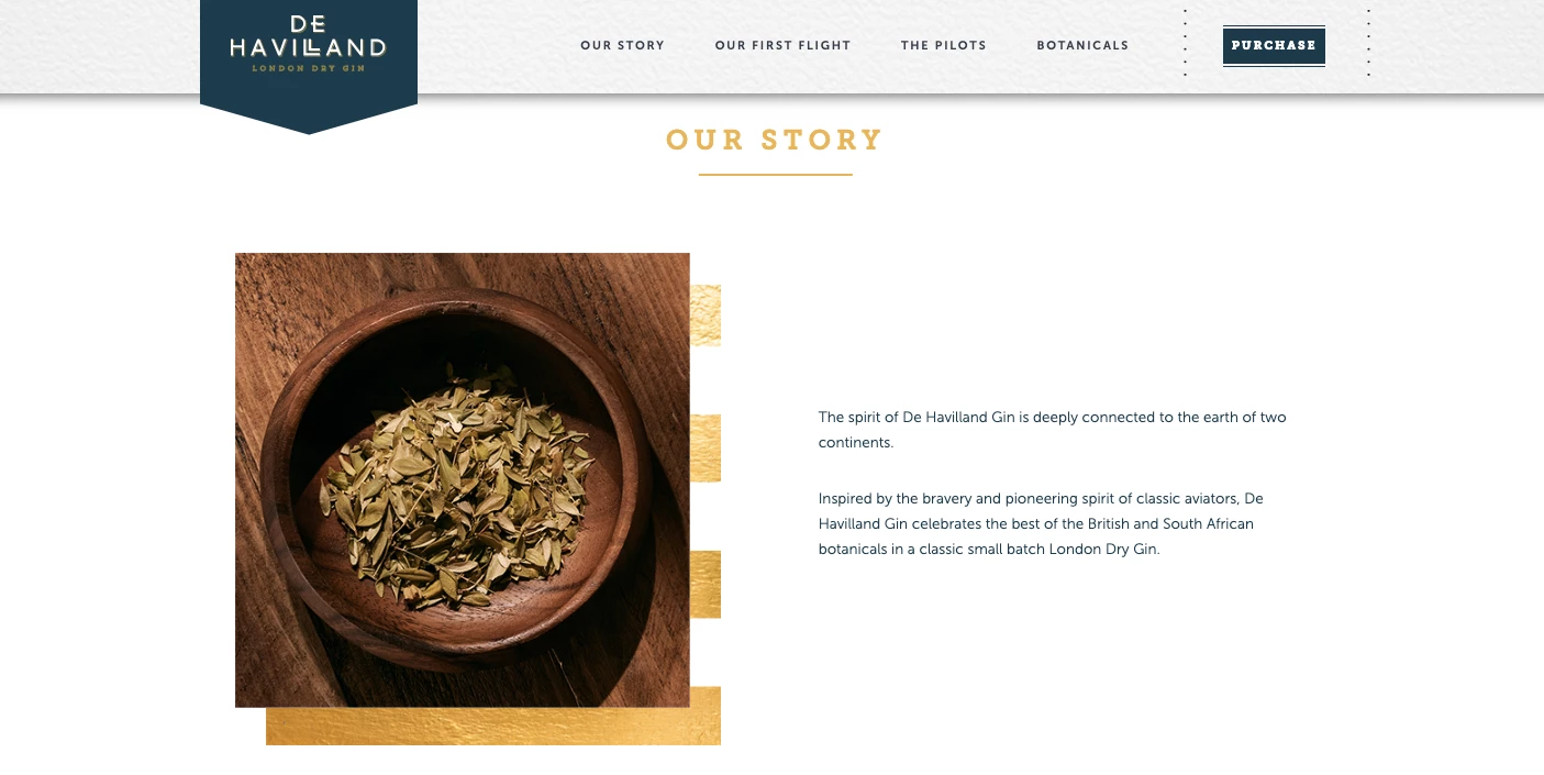 De Havilland Gin eCommerce landing page example