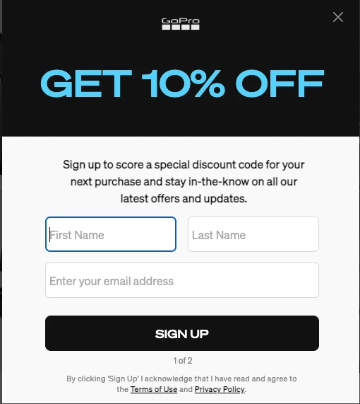 GoPro eCommerce landing page example (pop-up)