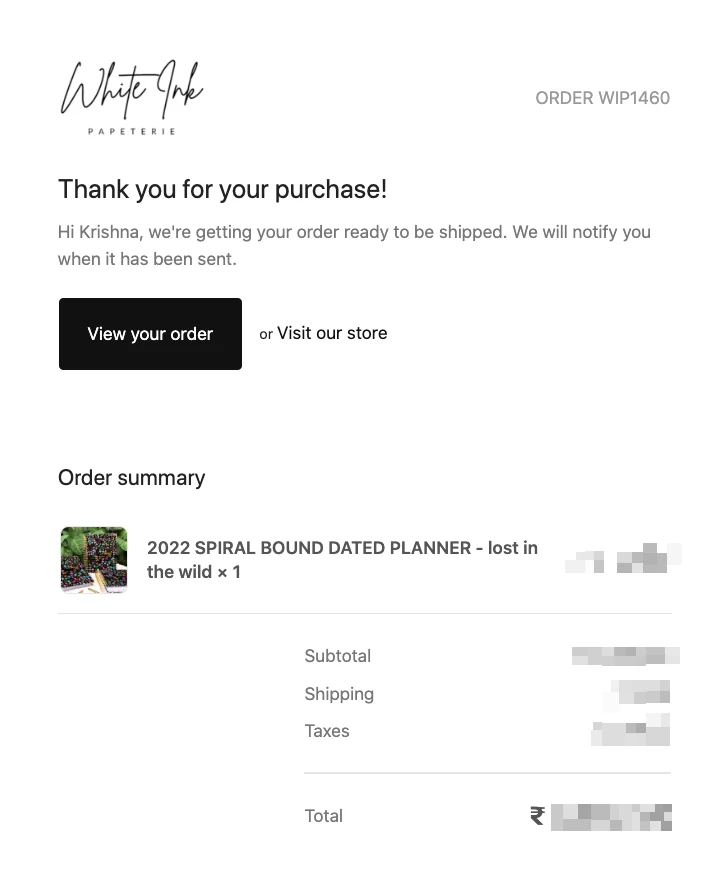 Purchase confirmation email example for eCommerce