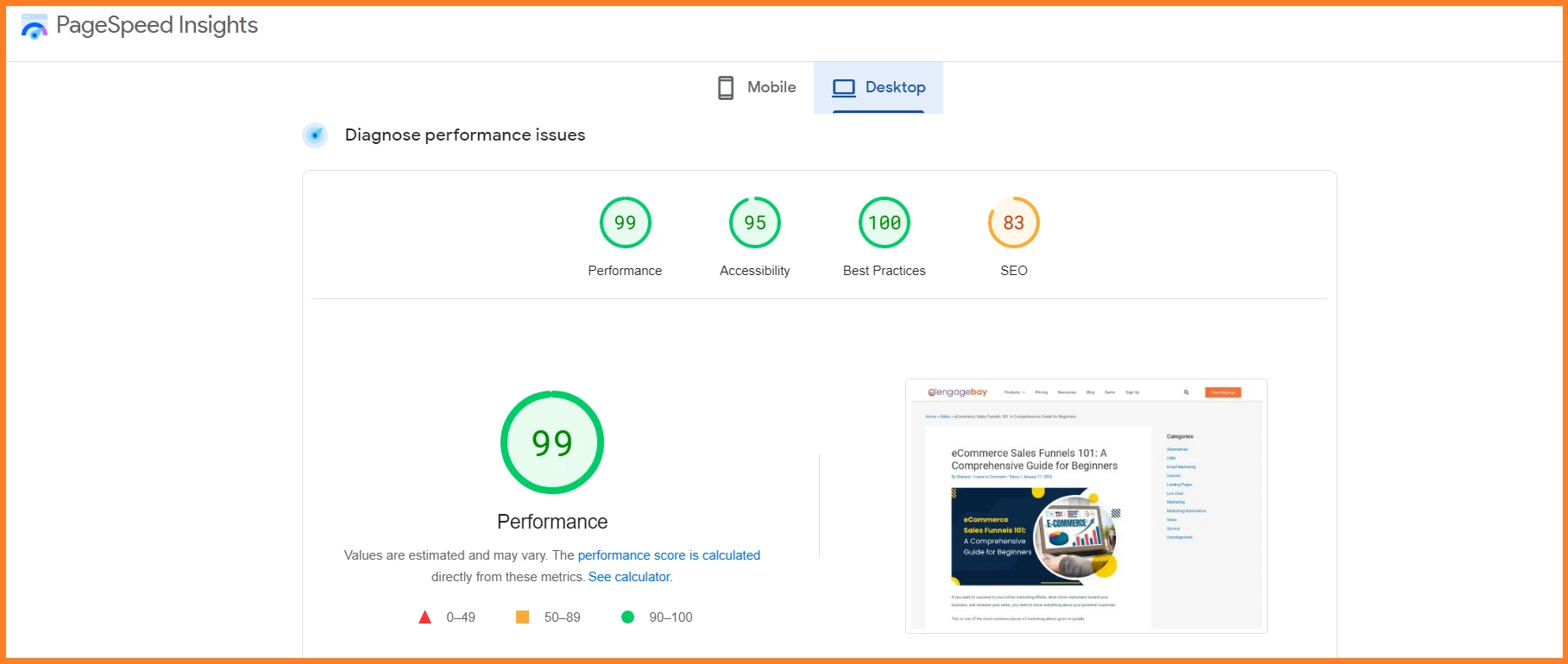 Google Page Speed Insights for a blog post by EngageBay