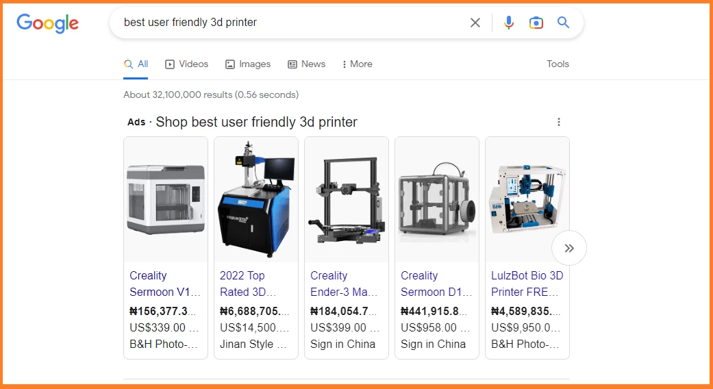 PPC advertising example on Google