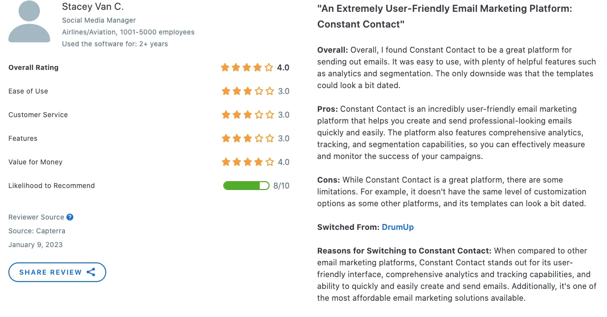 Constant Contact review from Capterra