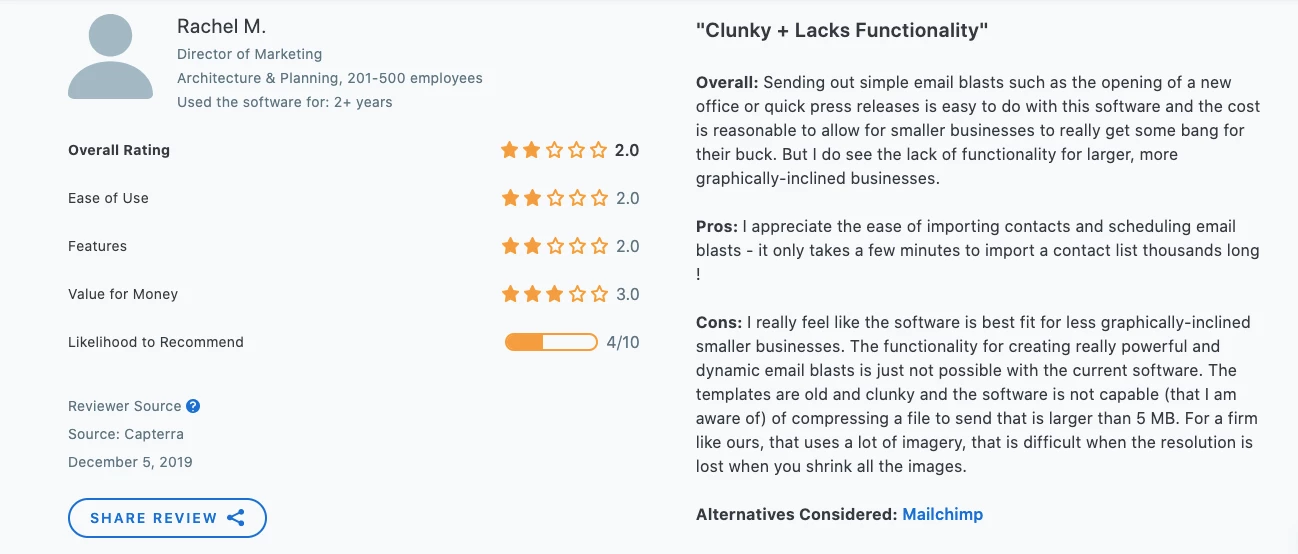 Constant Contact user review from Capterra