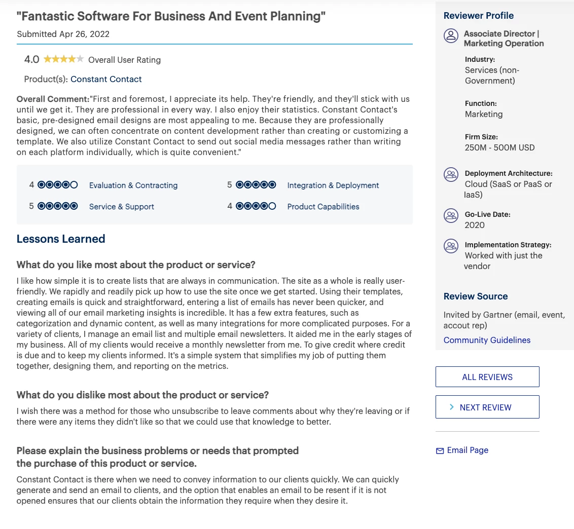 Gartner peer review for Constant Contact