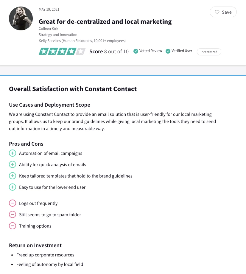 Constant Contact user review from Trust Radius