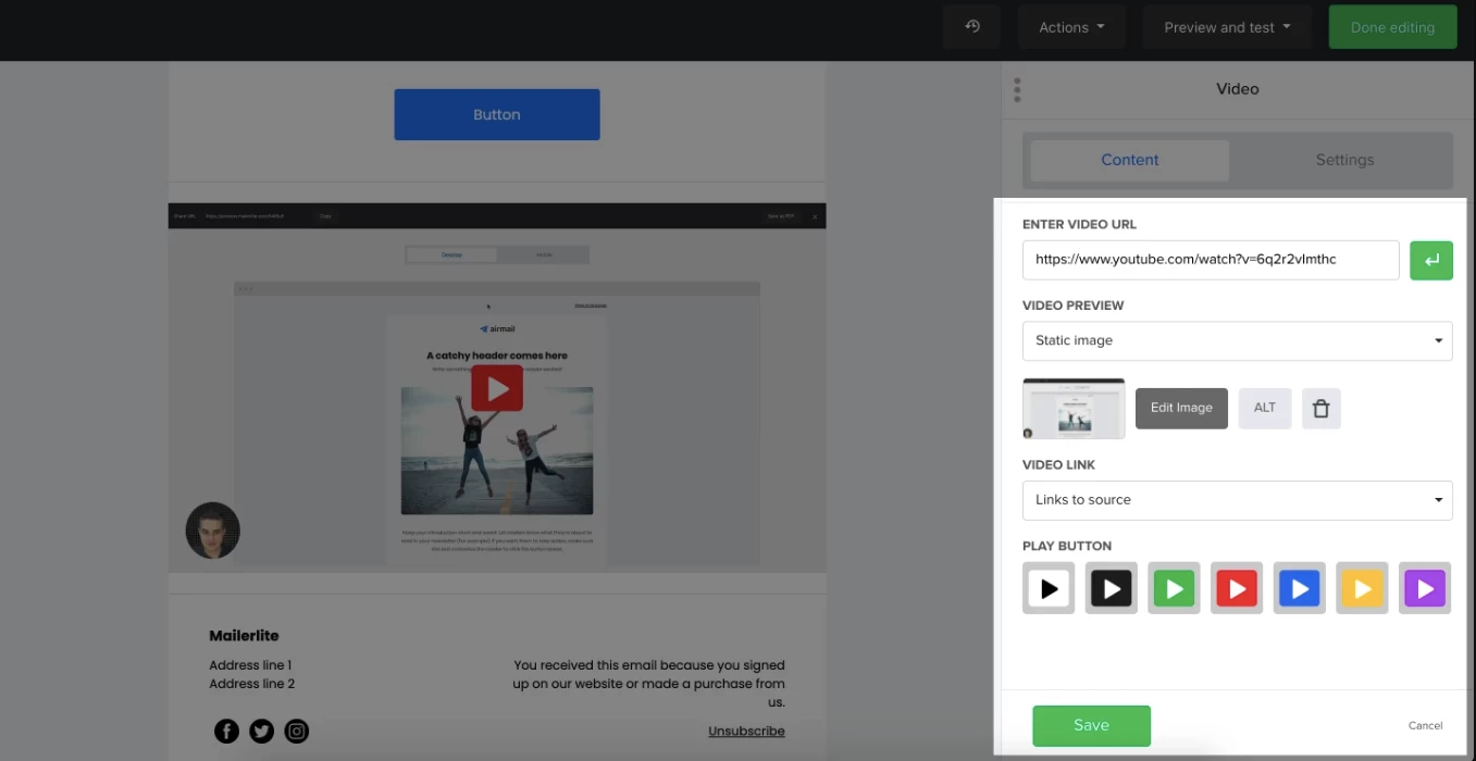 MailerLite embed videos in email feature