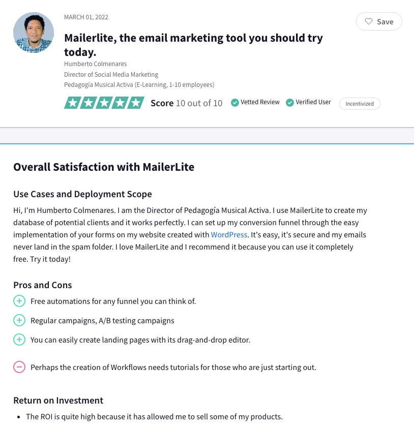 User review for MailerLite from Trust Radius