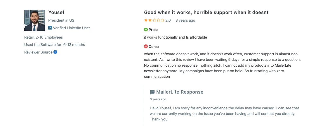 User review for MailerLite from Capterra