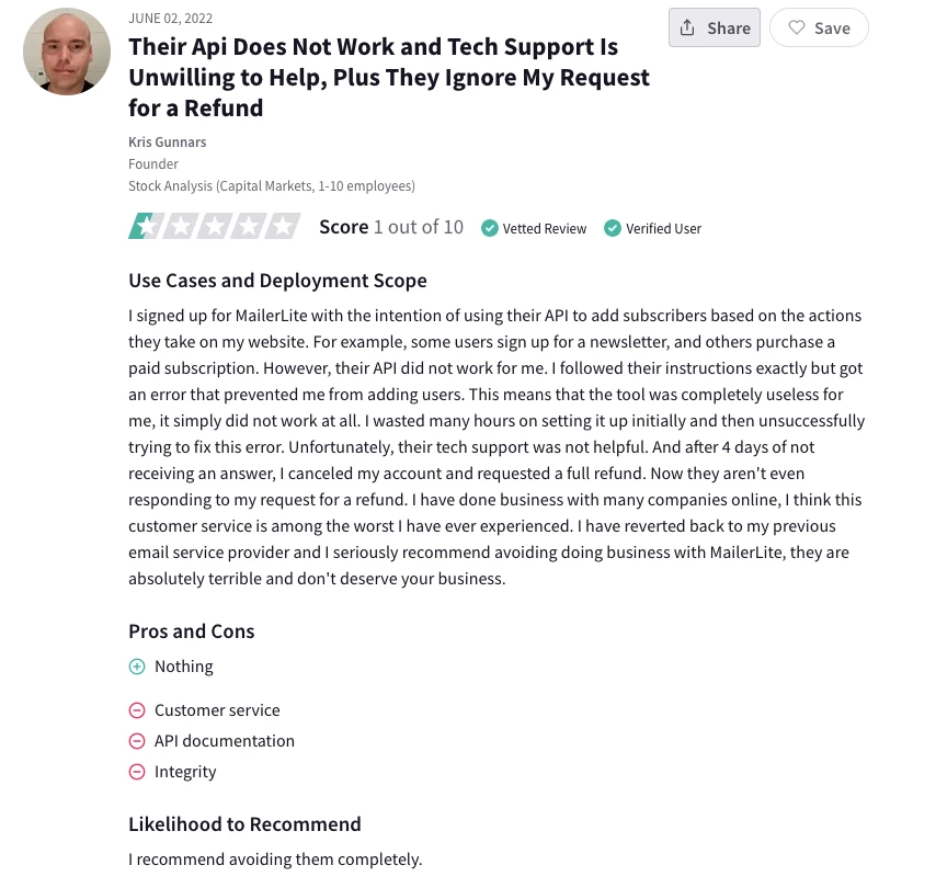 User review for MailerLite from Trust Radius
