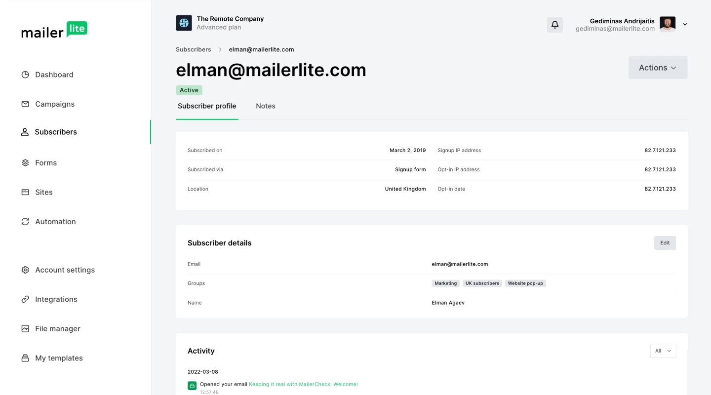 MailerLite contact management and segmentation dashboard