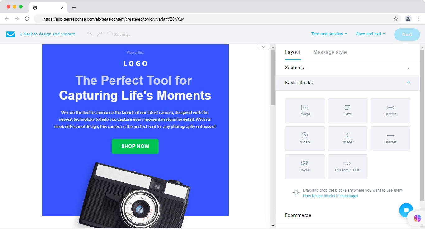 Email editor in GetResponse