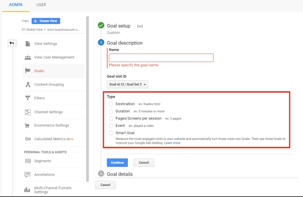 set goals on Google Analytics