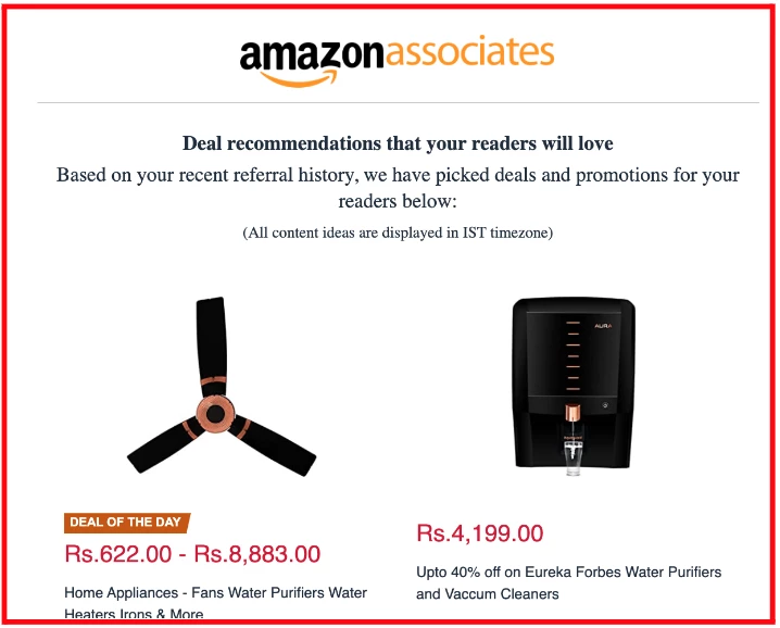 Product recommendation email example by amazon affiliate