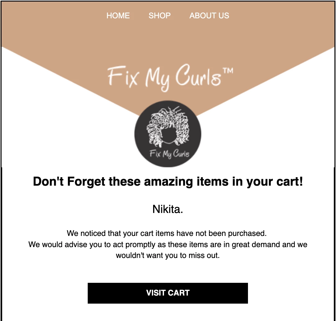 Cart abandonment email example